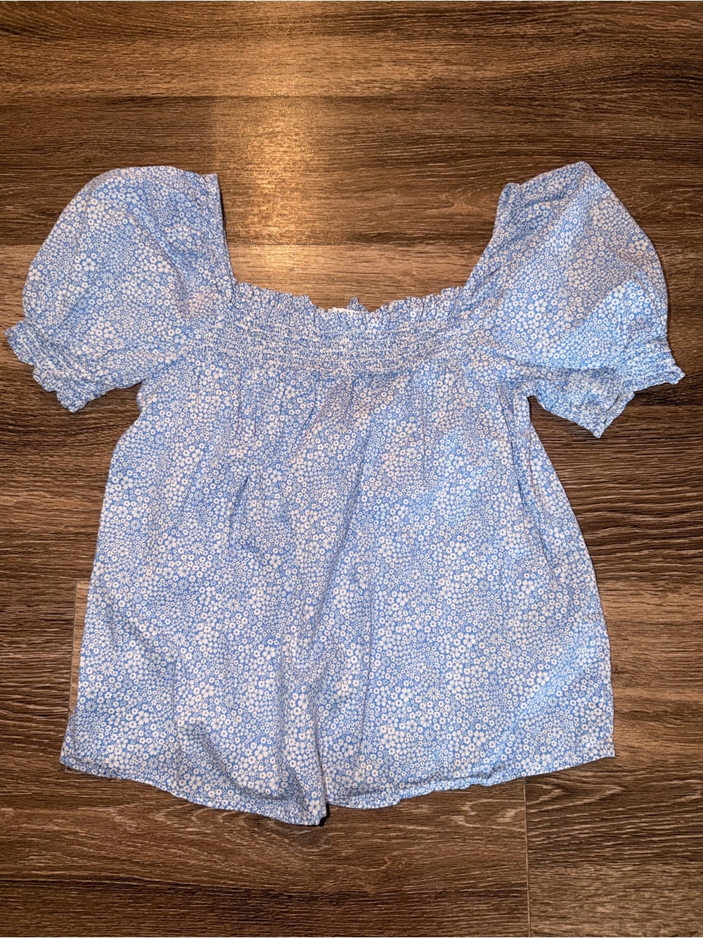 J. Crew Pale Blue Ditsy Floral Smocked Off-Shoulder Top